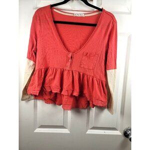 Free People Womens Medium Boho Ruffled Peplum Top With V-Neck & Pocket